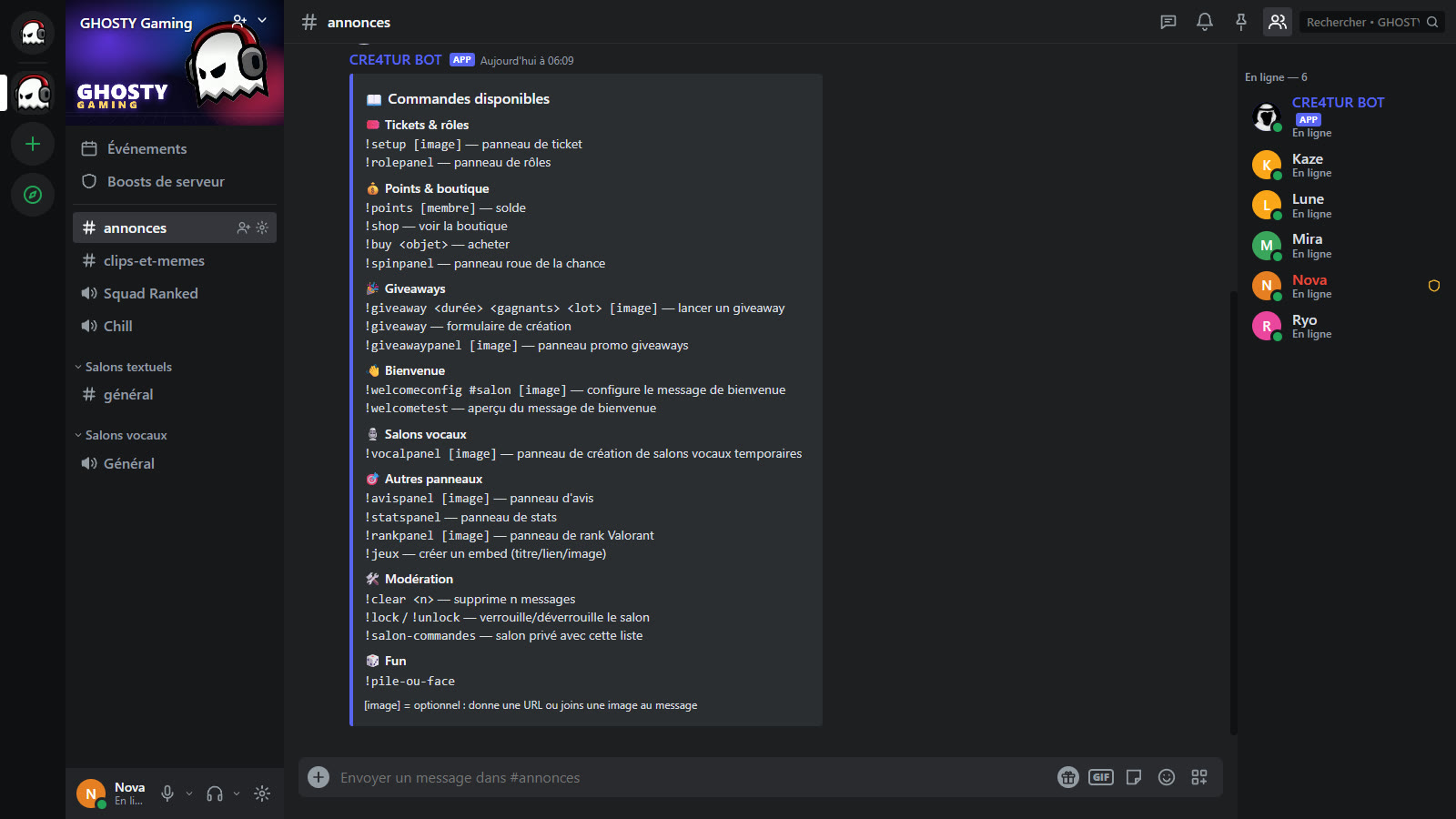 Liste des commandes du bot intégré