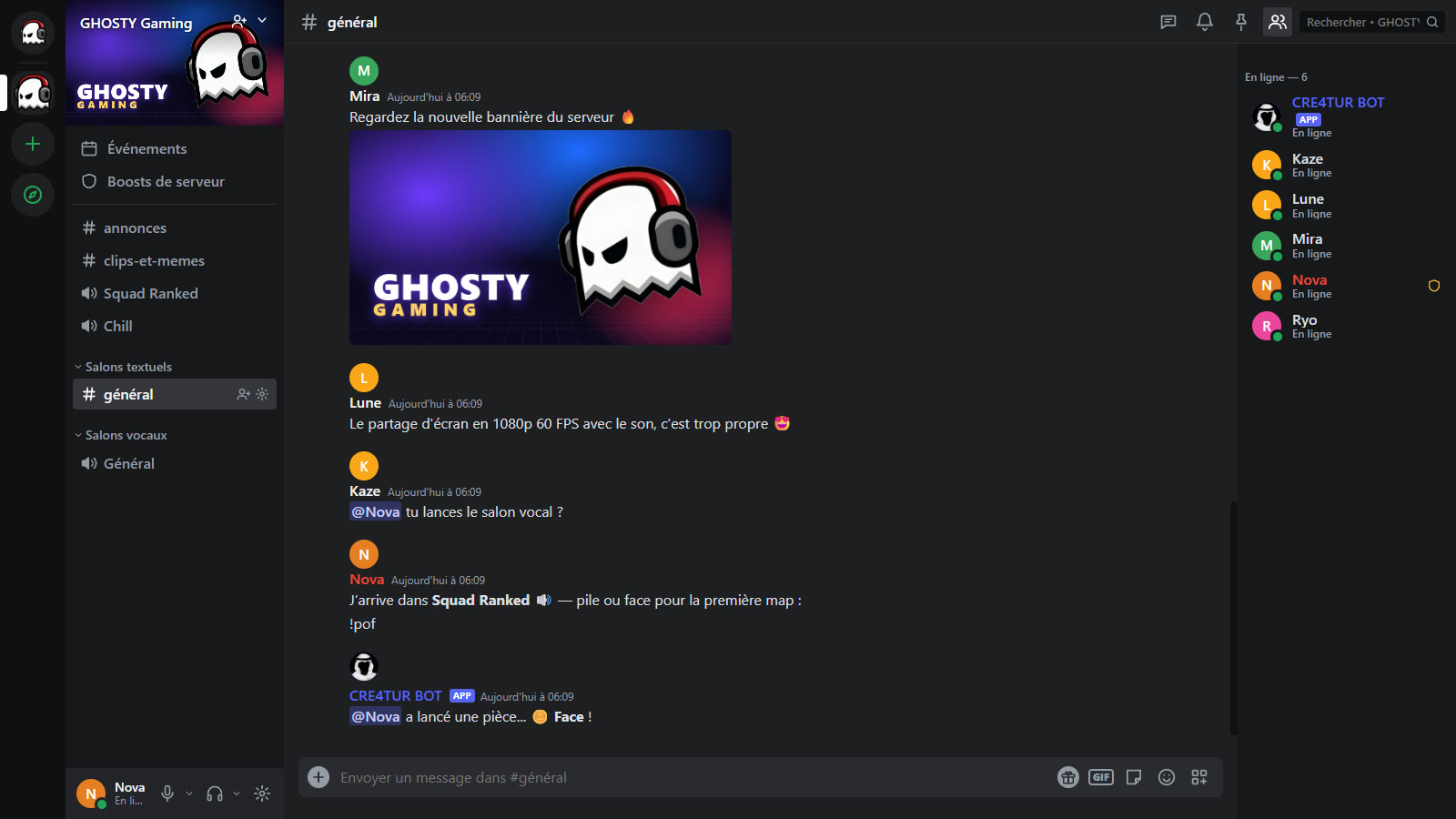 Salon textuel GHOSTY avec messages, image et bot